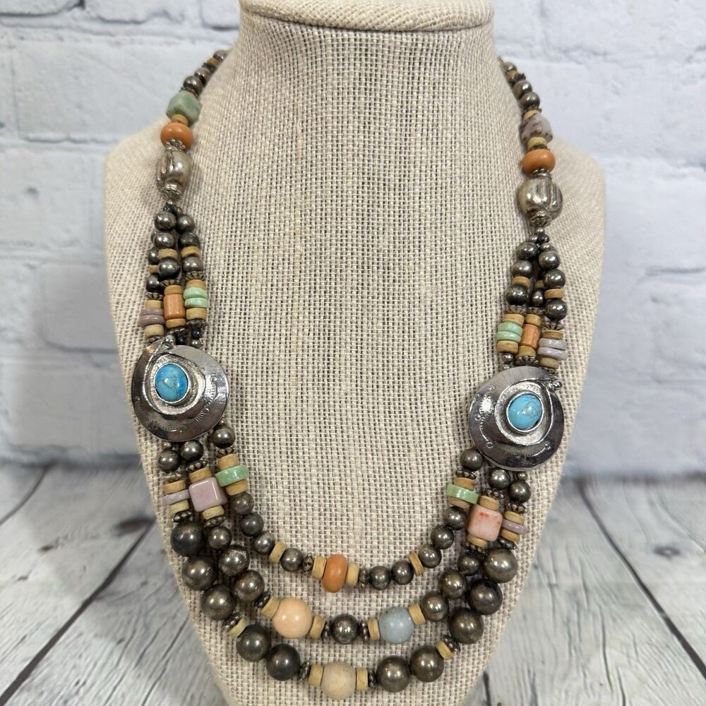 Rare Vintage Carol Duplaise Necklace Brass Turquoise Beads Multicolor Boho Y2K